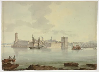 Puerto frente a ciudad fortificada