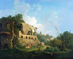 Paisaje italianizante con una casa cerca de ruinas clásicas