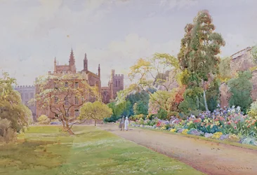 El largo paseo y el borde de flores en mayo - New College, Oxford, c.1918