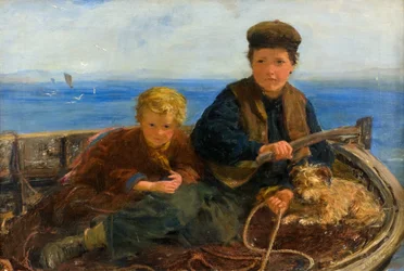 Dos niños y un perro en un bote