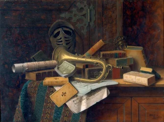 Naturaleza muerta con busto de Dante 1883 (Óleo sobre tabla)