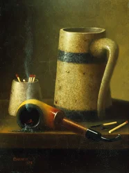 Naturaleza muerta con pipa, taza y cerillas (óleo sobre lienzo)