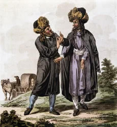 Judíos polacos, grabado del libro "El traje de los estados hereditarios de la Casa de Austria" por Antoine François Bertrand de Molleville e ilustrado por William Miller (1796-1882) en 1804