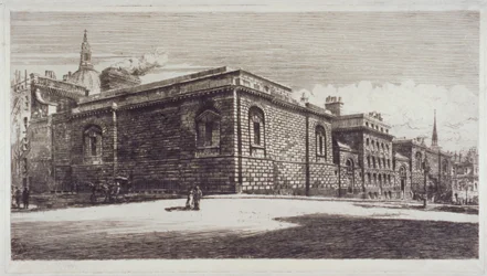 Vista de la prisión de Newgate, Old Bailey, desde Newgate Street, Ciudad de Londres, c. 1900
