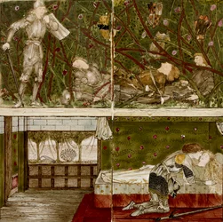 Dieciséis azulejos forman ocho ilustraciones del cuento 
