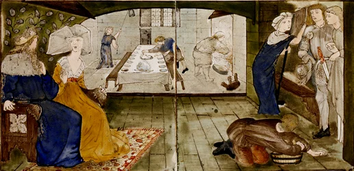 Dieciséis azulejos forman ocho ilustraciones del cuento 