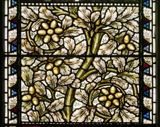 Kirkcaldy Old Kirk, Morris & Co., William Morris, bellotas y hojas de roble, 1886