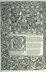Escena de "Troilo y Crésida", inicial historiada "B", manuscrito con borde de página completa, 1896