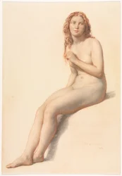 Desnudo femenino, sentado, vista frontal de tres cuartos