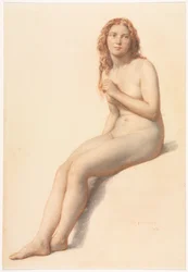Desnudo femenino, sentado, vista de tres cuartos desde el frente, 1859