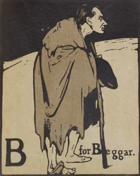 B de Beggar, ilustración de "An Alphabet", publicado por William Heinemann