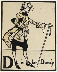 D de Dandy, ilustración de "An Alphabet", pub. 1898 (xilografía coloreada a mano)