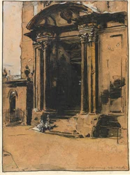 The Doorway of the old Ashmolean Museum, Oxford (pluma y tinta, tiza negra y aguada con realce blanco sobre papel de calco)