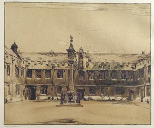 The Front Quad of Corpus Christi College, Oxford (pluma y tinta con aguada sobre papel)