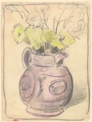 Jarrón de flores: crisantemos amarillos en una jarra de lustre (tizas negras y de color sobre papel)