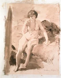 Una muchacha desnuda sentada en una cama