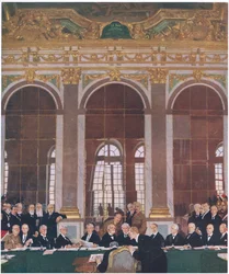 Firma de la paz en el Salón de los Espejos, Palacio de Versalles, 28 de junio de 1919, de Cassells History of the British People publicado por la Waverley Book Company Limited, c.1940