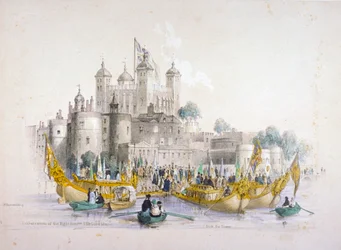 El alcalde Thomas Johnson y su séquito embarcando desde la Torre de Londres