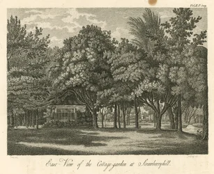 Vista este del jardín de la cabaña en Strawberry Hill, Twickenham, Londres