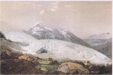 Vista del Monte Furka con el Glaciar del Ródano, de British Adventure publicado por Collins, 1947