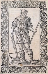 Hombre con vestido de piel, ballesta y zapatos con punta torcida (ejemplo de esquís rudimentarios), ilustración atribuida a Cesare Vecellio (1521-1601), publicada en Italia en el siglo XVI