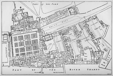 Copia reducida del plano de Fisher del Palacio Real de Whitehall, tomado en el reinado de Carlos I
