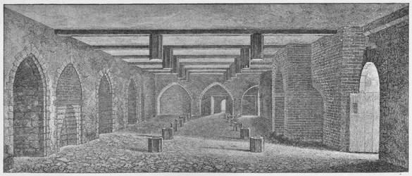 Interior de la cripta llamada la bodega de la pólvora debajo del antiguo Palacio de Westminster, c1883