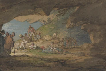 Una cueva a la luz del sol, con figuras