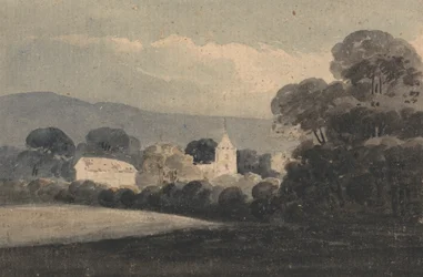 Paisaje con una iglesia entre árboles