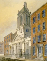 Vista noreste de la Iglesia de San Pedro-le-Poer y Old Broad Street, Ciudad de Londres