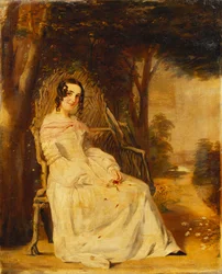 Retrato de Mary Freer sentada, pequeña longitud completa en un asiento de jardín