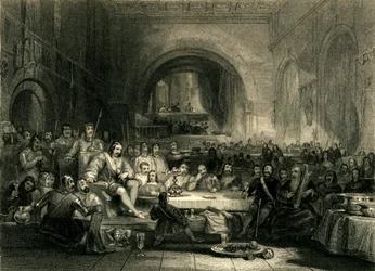 Príncipe Llewellyn y sus barones, en su palacio cerca de Aber, c1836