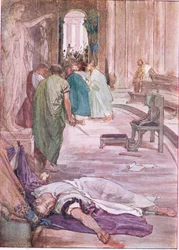 El asesinato de César, de Vidas de Plutarco, publicado por T C & E C Jack Ltd, década de 1920