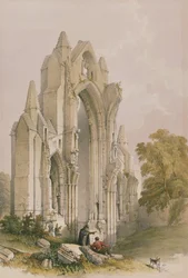 Priorato de Guisborough, interior del extremo este, de Las ruinas monásticas de Yorkshire, grabado por George Hawkins, 1842