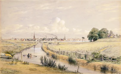Jersey City con una vista de Nueva York desde el Canal de Bergen, 1854