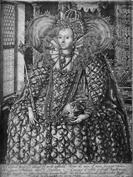 La Reina Isabel de pie en una habitación con una ventana de celosía, c1592
