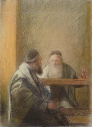 Interior con dos rabinos (pastel sobre papel)
