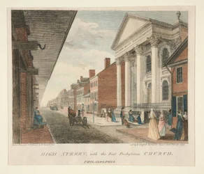 High Street, con la Primera Iglesia Presbiteriana, Filadelfia