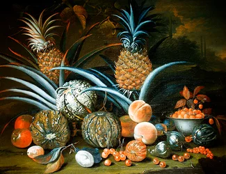 Bodegón de piñas, melones, duraznos, fresas, cerezas y otras frutas