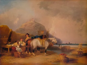 Escena costera, con figuras y caballos