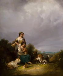 Dos mujeres jóvenes y cabras en un paisaje