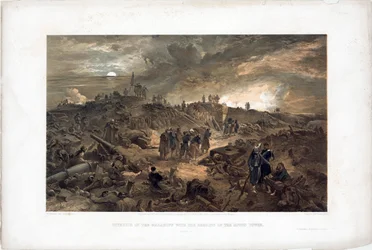 Guerra de Crimea (1853-1856): episodio del sitio de Sebastopol (Ucrania), tropas francesas entre las ruinas tras la toma de Malakoff el 8 de septiembre de 1855 - Litografía de William Simpson (18