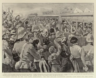 Una Despedida Cordial por los Highlanders de Ciudad del Cabo, el Contingente de Nueva Zelanda saliendo de Ciudad del Cabo hacia el Frente