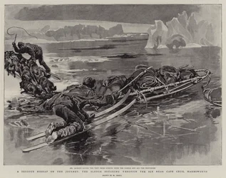 Un serio percance en el viaje, el trineo rompiéndose a través del hielo cerca del Cabo Cecil Harmsworth