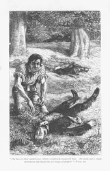 Adam Bede, habiendo vencido a Arthur Donnithorne en una pelea, se horroriza al ver a su rival inconsciente. Adam Bede por George Eliot, publicado por primera vez en 1859. Ilustración de William Small