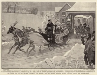 La visita del rey a la emperatriz Frederick, Su Majestad y el emperador Guillermo en la estación de Cronberg para Friedrichshof