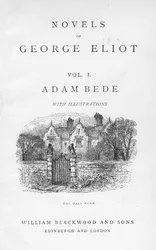 Portada de Adam Bede por George Eliot, de una edición de sus novelas completas publicada c1885. Adam Bede fue publicado por primera vez en 1859. La viñeta en la portada muestra The Hall Farm, hogar del granjero Martin Poyser y de su sobrina huérfana Hetty 