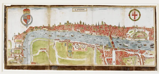 Sloane 2596, f.52 Vista de Londres desde el sur, mostrando el río Támesis, el Puente de Londres y la Torre