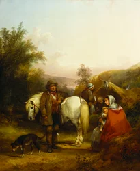 Un campamento gitano en un claro en un paisaje boscoso