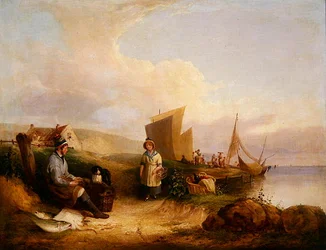 Escena costera con pescadores